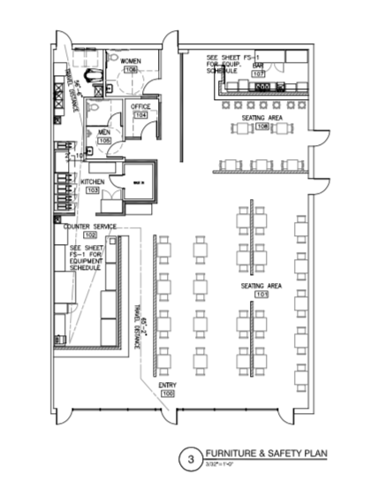 Commercial kitchen equipment and seating floor plan drawing