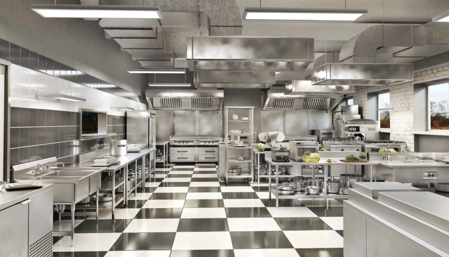 Completed commercial kitchen installation with stainless steel line and hood system