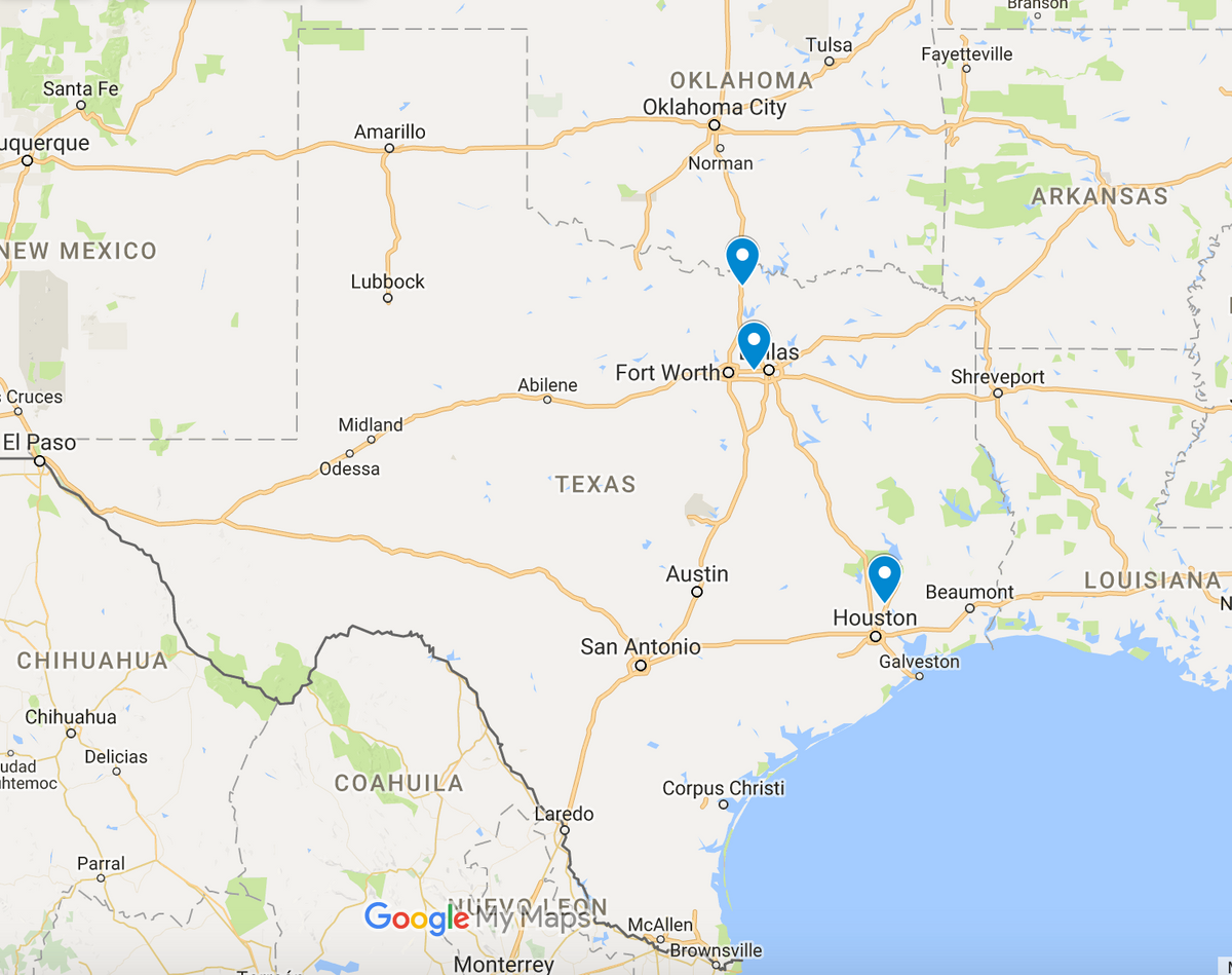 Map of Texas showing service coverage across major metros